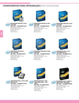 COMPONENTES PARA INTEGRAÇÃO | Processadores




          PROCESSADOR CORE INTEL I3-3240           PROCESSADOR CORE INTEL I5-3330           PROCESSADOR CORE INTEL I5-3470
          3.4Ghz 3MB                               3.0GHZ 6MB                               3.2GHZ 6MB
          CÓD: 15613 PN: BXC80637I33240            CÓD: 15797 PN: BX80637I53330             CÓD: 15708 PN: BX80637I53470
          Socket Processador: LGA1155              Socket Processador: LGA1155              Socket Processador: LGA1155
          Velocidade Clock Processador: 3,40 GHz   Velocidade Clock Processador: 3,00 GHz   Velocidade Clock Processador: 3,20 GHz
          Cache processador: 3MB                   Cache processador: 6MB                   Cache processador: 6MB
          Arquitetura: 22 nm                       Arquitetura: 22 nm                       Arquitetura: 22 nm
          Número de Núcleos: 2                     Número de Núcleos: 4                     Número de Núcleos: 4
68




          PROCESSADOR CORE INTEL I5-               PROCESSADOR CORE INTEL I5-3570k          PROCESSADOR INTEL I7-3770
          3570 3.4Ghz 6MB                          3.4GHZ 6MB                               3.4GHZ 8MB LGA1155
          CÓD: 15614 PN: 5032037043977             CÓD: 15421 PN: BX80637I53570K            CÓD: 15053 PN: BX80637I73770
          Socket Processador: LGA1155              Socket Processador: LGA1155              Socket Processador: LGA1155
          Velocidade Clock Processador: 3,40 GHz   Velocidade Clock Processador: 3,40 GHz   Velocidade Clock Processador: 3,40 GHz
          Cache processador: 6MB                   Cache processador: 6MB                   Cache processador: 8MB
          Arquitetura: 22 nm                       Arquitetura: 22 nm                       Arquitetura: 22 nm
          Número de Núcleos: 4                     Número de Núcleos: 4                     Número de Núcleos: 4




          PROCESSADOR INTEL I7-3770K 3.5GHZ        PROCESSADOR INTEL I7-3820                PROCESSADOR INTEL I7-3960X 3.3
          8MB LGA1155                              3.6GHZ 10MB LGA2011 - SEM                15MB EXTREM - SEM COOLER
          CÓD: 15054 PN: BX80637I73770K            COOLER                                   CÓD: 15879 PN: BX80619I73960X
          Socket Processador: LGA1155              CÓD: 15056 PN: BX80619I73820             Socket Processador: LGA2011
          Velocidade Clock Processador: 3,5 GHz    Socket Processador: LGA2011              Velocidade Clock Processador: 3,30 Ghz
          Cache processador: 8MB                   Velocidade Clock Processador: 3,6 Ghz    Cache processador: 15MB
          Arquitetura: 22 nm                       Cache processador: 10MB                  Arquitetura: 32 nm
          Número de Núcleos: 4                     Arquitetura: 32 nm                       Número de Núcleos: 6
                                                   Número de Núcleos: 4
 
