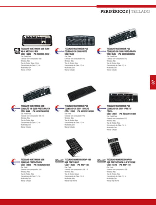 Periféricos | teclado




TECLADO MULTIMIDIA USB SLIM       TECLADO MULTIMIDIA PS2              TECLADO MULTIMIDIA PS2
AB-II KB2202-2 BSI                COLEÇÃO KB-2200 PRETO               COLEÇÃO KB-2200 PRETO/PRATA
CÓD: 14413 PN: KB2202-2 BSI       CÓD: 9544                           CÓD: 9545 PN: 403040030265
Cor: Preto/Prata                  Cor: Preto                          Cor: Preto/Prata
Conexão com computador: USB       Conexão com computador: PS2         Conexão com computador: PS2
Wireless: Não                     Wireless: Não                       Wireless: Não
Tipo de Teclas: Baixa 12mm        Tipo de Teclas: Altas               Tipo de Teclas: Altas
Comprimento do Cabo: 1,3 m        Comprimento do Cabo: 1,5 m          Comprimento do Cabo: 1,5 m
Multimídia: Sim                   Multimídia: Sim                     Multimídia: Sim
Marca: C3 Tech                    Marca: Coleção                      Marca: Coleção




                                                                                                    87
TECLADO MULTIMIDIA USB            TECLADO MULTIMIDIA PS2              TECLADO MULTIMIDIA PS2
COLEÇÃO KB-2200 PRETO/PRATA       COLEÇAO KB-3201-1 PRETO             COLEÇAO KB-3201-1PRETO/
CÓD: 9546 PN: 403070040265        CÓD: 12850 PN: 403220100300         PRATA
Cor: Preto/Prata                  Cor: Preto                          CÓD: 12851 PN: 403220101300
Conexão com computador: USB 2.0   Conexão com computador: PS2         Cor: Preto/Prata
Wireless: Não                     Wireless: Não                       Conexão com computador: PS2
Tipo de Teclas: Altas             Tipo de Teclas: Altas               Wireless: Não
Comprimento do Cabo: 1,5 m        Comprimento do Cabo: 1,2 m          Tipo de Teclas: Altas
Multimídia: Sim                   Multimídia: Sim                     Comprimento do Cabo: 1,2 m
Marca: Coleção                    Marca: Coleção                      Multimídia: Sim
                                                                      Marca: Coleção




TECLADO MULTIMIDIA USB            TECLADO NUMERICO KNP-180            TECLADO NUMERICO KNP101
COLEÇAO PRETO/PRATA               USB PRETO KLIP                      USB PRETO/PRATA KLIP XTREME
CÓD: 12856 PN: 403020201300       CÓD: 14620 PN: KNP-180              CÓD: 15178 PN: KNP-101
Cor: Preto                        Cor: Preto                          Cor: Preto
Conexão com computador: USB       Conexão com computador: USB 2.0     Conexão com computador: USB
Wireless: Não                     Wireless: Não                       Wireless: Não
Tipo de Teclas: Altas             Tipo de Teclas: Baixas              Tipo de Teclas: Altas
Comprimento do Cabo: 1,2 m        Comprimento do Cabo: 1,2 m          Comprimento do Cabo: 1,2 m
Multimídia: Sim                   Multimídia: Não                     Multimídia: Sim
Marca: Coleção                    Marca: Klip Xtreme                  Marca: Klip Xtreme
 