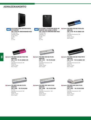 armazenamento




         HD EXTERNO 500GB WESTERN DIGITAL    HD EXTERNO 1TB WESTERN DIGITAL MY   PEN DRIVE USB 8GB DTSE6 AZUL
         MY PASSPORT                         PASSPORT USB 3.0/USB 2.0 PRETO      KINGSTON
         CÓD: 14276 PN: WDBKXH5000ABK-NEBZ   CÓD: 15362 PN: WDBKXH0010BBK-NEBZ   CÓD: 15756 PN: KC-U508GZ-2XB
         HD Modelo: USB                      HD Modelo: SATA                     Cor: Azul
         Capacidade: 500GB                   Capacidade: 1TB                     Capacidade Armazenamento: 8GB
         HD Tipo: Externo                    HD Tipo: Externo                    Retrátil: Não
         HD RPM: -                           HD RPM: -                           Tamanho : Normal
         Buffer: -                           Buffer: -                           Marca: Kingston
         Cor: Preto                          Cor: Preto
96




         PEN DRIVE USB 8GB DTSE6 PINK        PEN DRIVE USB 4GB DTLPG2            PEN DRIVE USB 8GB DTSE6 PRETO
         KINGSTON                            KINGSTON                            KINGSTON
         CÓD: 15757 PN: KC-U508GZ-2XN        CÓD: 15761 PN: DTLPG2/4GB           CÓD: 15755 PN: KC-U508GZ-2XK
         Cor: Rosa                           Cor: Prata                          Cor: Preto
         Capacidade Armazenamento: 8GB       Capacidade Armazenamento: 4GB       Capacidade Armazenamento: 8GB
         Retrátil: Não                       Retrátil: Não                       Retrátil: Não
         Tamanho : Normal                    Tamanho : Normal                    Tamanho : Normal
         Marca: Kingston                     Marca: Kingston                     Marca: Kingston




         PEN DRIVE USB 8GB DTLPG2            PEN DRIVE USB 16GB DTLPG2           PEN DRIVE USB 32GB DTLPG2
         KINGSTON                            KINGSTON                            KINGSTON
         CÓD: 15485 PN: DTLPG2/8GB           CÓD: 15486 PN: DTLPG2/16GB          CÓD: 15483 PN: DTLPG2/32GB
         Cor: Prata                          Cor: Prata                          Cor: Prata
         Capacidade Armazenamento: 8GB       Capacidade Armazenamento: 16GB      Capacidade Armazenamento: 32GB
         Retrátil: Não                       Retrátil: Não                       Retrátil: Não
         Tamanho : Normal                    Tamanho : Normal                    Tamanho : Normal
         Marca: Kingston                     Marca: Kingston                     Marca: Kingston
 