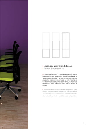 i creación de superficies de trabajo
i creation of work surfaces

i el trabajo en equipo y la puesta en común de ideas y
conocimientos son prioritarios hoy en las dinámicas de
trabajo de las empresas y en sus culturas corporativas.
la libertad creativa y versatilidad de meta permiten el
diseño también de puestos de trabajo, tanto mesas
individuales como configuraciones para el trabajo en
equipo.

i teamwork and pooling ideas and knowledge are a
priority today in the work dynamics of companies and in
their corporate cultures. creative freedom and target
versatility also allow for the design of work spaces,
both individual desks and configurations for teamwork.




                                                          11
 