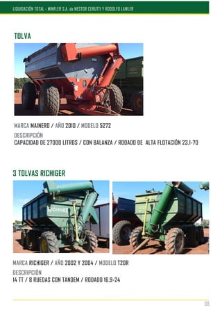 3 TOLVAS RICHIGER
MARCA RICHIGER / AÑO 2002 Y 2004 / MODELO T20R
DESCRIPCIÓN
14 TT / 8 RUEDAS CON TANDEM / RODADO 16.9-24
TOLVA
MARCA MAINERO / AÑO 2010 / MODELO 5272
DESCRIPCIÓN
CAPACIDAD DE 27000 LITROS / CON BALANZA / RODADO DE ALTA FLOTACIÓN 23.1-70
08
LIQUIDACIÓN TOTAL - MINFLER S.A. de NESTOR CERUTTI Y RODOLFO LAWLER
 