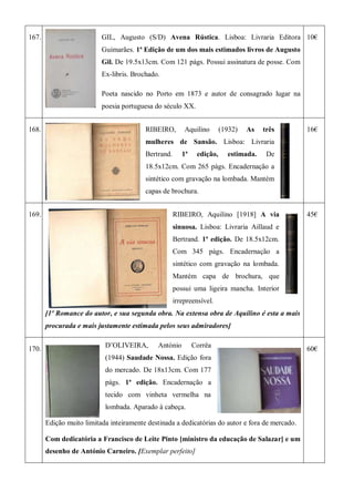 167. GIL, Augusto (S/D) Avena Rústica. Lisboa: Livraria Editora
Guimarães. 1ª Edição de um dos mais estimados livros de Augusto
Gil. De 19.5x13cm. Com 121 págs. Possui assinatura de posse. Com
Ex-libris. Brochado.
Poeta nascido no Porto em 1873 e autor de consagrado lugar na
poesia portuguesa do século XX.
10€
168. RIBEIRO, Aquilino (1932) As três
mulheres de Sansão. Lisboa: Livraria
Bertrand. 1ª edição, estimada. De
18.5x12cm. Com 265 págs. Encadernação a
sintético com gravação na lombada. Mantém
capas de brochura.
16€
169. RIBEIRO, Aquilino [1918] A via
sinuosa. Lisboa: Livraria Aillaud e
Bertrand. 1ª edição. De 18.5x12cm.
Com 345 págs. Encadernação a
sintético com gravação na lombada.
Mantém capa de brochura, que
possui uma ligeira mancha. Interior
irrepreensível.
[1º Romance do autor, e sua segunda obra. Na extensa obra de Aquilino é esta a mais
procurada e mais justamente estimada pelos seus admiradores]
45€
170.
D’OLIVEIRA, António Corrêa
(1944) Saudade Nossa. Edição fora
do mercado. De 18x13cm. Com 177
págs. 1ª edição. Encadernação a
tecido com vinheta vermelha na
lombada. Aparado à cabeça.
Edição muito limitada inteiramente destinada a dedicatórias do autor e fora de mercado.
Com dedicatória a Francisco de Leite Pinto [ministro da educação de Salazar] e um
desenho de António Carneiro. [Exemplar perfeito]
60€
 
