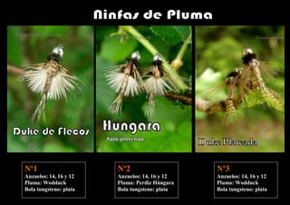 Nº1                     Nº2                     Nº3
Anzuelos: 14, 16 y 12   Anzuelos: 14, 16 y 12   Anzuelos: 14, 16 y 12
Pluma: Wodduck          Pluma: Perdiz Húngara   Pluma: Wodduck
Bola tungsteno: plata   Bola tungsteno: plata   Bola tungsteno: plata
 
