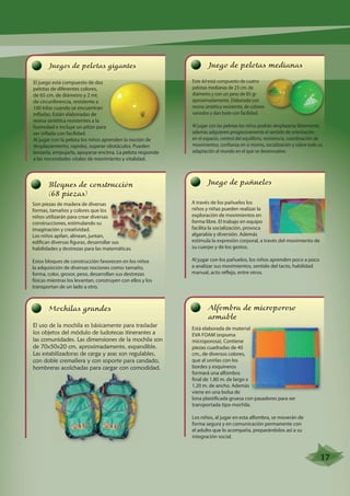 Juegos de pelotas gigantes 
El juego está compuesto de dos 
pelotas de diferentes colores, 
de 65 cm. de diámetro y 2 mt. 
de circunferencia, resistente a 
100 kilos cuando se encuentran 
infladas. Están elaboradas de 
resina sintética resistentes a la 
humedad e incluye un pitón para 
ser inflada con facilidad. 
Al jugar con la pelota los niños aprenden la noción de 
desplazamiento, rapidez, superar obstáculos. Pueden 
lanzarla, empujarla, apoyarse encima. La pelota responde 
a las necesidades vitales de movimiento y vitalidad. 
Mochilas grandes 
El uso de la mochila es básicamente para trasladar 
los objetos del módulo de ludotecas itinerantes a 
las comunidades. Las dimensiones de la mochila son 
de 70x50x20 cm. aproximadamente, expandible. 
Las estabilizadoras de carga y asas son regulables, 
con doble cremallera y con soporte para candado, 
hombreras acolchadas para cargar con comodidad. 
Juego de pelotas medianas 
Este kit está compuesto de cuatro 
pelotas medianas de 23 cm. de 
diámetro y con un peso de 85 gr 
aproximadamente. Elaborada con 
resina sintética resistente, de colores 
variados y dan bote con facilidad. 
Al jugar con las pelotas los niños podrán desplazarse libremente, 
además adquieren progresivamente el sentido de orientación 
en el espacio, control del equilibrio, resistencia, coordinación de 
movimientos, confianza en sí mismo, socialización y sobre todo su 
adaptación al mundo en el que se desenvuelve. 
Juego de pañuelos 
A través de los pañuelos los 
niños y niñas pueden realizar la 
exploración de movimientos en 
forma libre. El trabajo en equipo 
facilita la socialización, provoca 
algarabía y diversión. Además 
estimula la expresión corporal, a través del movimiento de 
su cuerpo y de los gestos. 
Al jugar con los pañuelos, los niños aprenden poco a poco 
a analizar sus movimientos, sentido del tacto, habilidad 
manual, acto reflejo, entre otros. 
Alfombra de microporoso 
armable 
Está elaborada de material 
EVA FOAM (espuma 
microporosa). Contiene 
piezas cuadradas de 40 
cm., de diversos colores, 
que al unirlas con los 
bordes y esquineros 
formará una alfombra 
final de 1.80 m. de largo x 
1.20 m. de ancho. Además 
viene en una bolsa de 
lona plastificada gruesa con pasadores para ser 
transportada tipo mochila. 
Los niños, al jugar en esta alfombra, se moverán de 
forma segura y en comunicación permanente con 
el adulto que lo acompaña, preparándolos así a su 
integración social. 
Bloques de construcción 
(68 piezas) 
Son piezas de madera de diversas 
formas, tamaños y colores que los 
niños utilizarán para crear diversas 
construcciones, estimulando su 
imaginación y creatividad. 
Los niños apilan, alinean, juntan, 
edifican diversas figuras, desarrollar sus 
habilidades y destrezas para las matemáticas. 
Estos bloques de construcción favorecen en los niños 
la adquisición de diversas nociones como: tamaño, 
forma, color, grosor, peso, desarrollan sus destrezas 
físicas mientras los levantan, construyen con ellos y los 
transportan de un lado a otro. 
17 
 