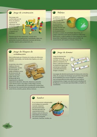 Pelotas 
La pelota es uno de 
los juguetes básicos 
para el juego del 
niño. Su uso puede 
ser de manera 
individual como 
grupal. Permite que 
se realicen juegos 
de desplazamiento 
de todo su cuerpo, en actividades deportivas, en 
juegos colectivos como lanzar la pelota en diferentes 
direcciones, o rodar la pelota. En estos juegos los niños 
desarrollan habilidades motoras pero también de 
conocimiento del espacio y tiempo, ritmos, etc. 
Juego de construcción 
Este juego está 
conformado por 60 
fichas de plástico 
resistente de 
diferentes colores 
y tamaños, cuyo 
diseño permite 
que se adhieran 
y separen con 
facilidad. 
Permite que el niño represente, a través de la 
construcción, sus experiencias, necesidades, ideas, etc. 
poniendo en práctica diferentes nociones de forma, 
tamaño, espacio, peso, proporción, etc. 
Juego de dominó 
Juego de dominó de 
complementos de 
animales, de 24 fichas de 
plástico resistente y no 
la mitad de la figura del 
animal que uniéndola 
a otra ficha formará la 
imagen completa. 
Los juegos de dominó promueven la interacción entre los 
niños. Es un juego de estrategia que permite el desarrollo 
de la habilidad para asociar imágenes y establecer 
una correspondencia entre éstas, para que realicen 
comparaciones y hagan una observación detallada de 
las figuras y a su vez para que desarrollen y amplíen su 
vocabulario. 
Juego de bloques de 
construcción 
Está conformado por 28 piezas de madera de diferentes 
medidas, barnizadas, con bordes bien lijados y en color 
natural. 
Le permite a los niños 
explorar diversas 
posibilidades, siendo 
las principales el 
juego simbólico, como 
la construcción de 
caminos, puentes, 
casas, torres, etc.; 
el desarrollo de la 
organización y relación 
espacial de ubicación, dirección, distancia y posición 
como dentro-fuera, cerca-lejos, arriba-abajo, encima-debajo, 
etc.; el desarrollo de la coordinación motora fina; 
el reconocer las características perceptuales de los objetos 
como forma, tamaño, grosor, altura y textura. 
Tambor 
Es un instrumento indispensable 
musical, corporal y 
de psicomotricidad. 
Permite descubrir las 
características de la 
Así como acompañar 
canciones, marchas, rondas, etc. 
tóxico. Cada ficha presenta 
en el trabajo de expresión 
música, como el ritmo, la 
intensidad y los tiempos. 
22 
 