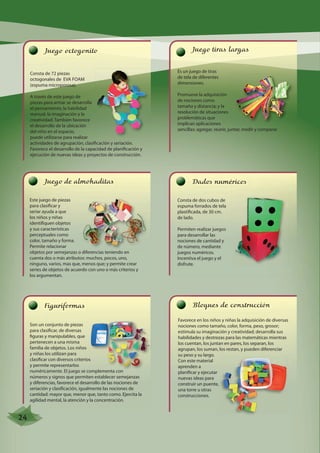 Juego octogonito 
Consta de 72 piezas 
octogonales de EVA FOAM 
(espuma microporosa). 
A través de este juego de 
piezas para armar se desarrolla 
el pensamiento, la habilidad 
manual, la imaginación y la 
creatividad. También favorece 
el desarrollo de la ubicación 
del niño en el espacio, 
puede utilizarse para realizar 
actividades de agrupación, clasificación y seriación. 
Favorece el desarrollo de la capacidad de planificación y 
ejecución de nuevas ideas y proyectos de construcción. 
Juego de almohaditas 
Este juego de piezas 
para clasificar y 
seriar ayuda a que 
los niños y niñas 
identifiquen objetos 
y sus características 
perceptuales como 
color, tamaño y forma. 
Permite relacionar 
objetos por semejanzas o diferencias teniendo en 
cuenta dos o más atributos: muchos, pocos, uno, 
ninguno, varios, mas que, menos que; y permite crear 
series de objetos de acuerdo con uno o más criterios y 
los argumentan. 
Figuriformas 
Son un conjunto de piezas 
para clasificar, de diversas 
figuras y manipulables, que 
pertenecen a una misma 
familia de objetos. Los niños 
y niñas los utilizan para 
clasificar con diversos criterios 
y permite representarlos 
numéricamente. El juego se complementa con 
números y signos que permiten establecer semejanzas 
y diferencias, favorece el desarrollo de las nociones de 
seriación y clasificación, igualmente las nociones de 
cantidad: mayor que, menor que, tanto como. Ejercita la 
agilidad mental, la atención y la concentración. 
Juego tiras largas 
Es un juego de tiras 
de tela de diferentes 
dimensiones. 
Promueve la adquisición 
de nociones como 
tamaño y distancia; y la 
resolución de situaciones 
problemáticas que 
implican aplicaciones 
sencillas: agregar, reunir, juntar, medir y comparar. 
Dados numéricos 
Consta de dos cubos de 
espuma forrados de tela 
plastificada, de 30 cm. 
de lado. 
Permiten realizar juegos 
para desarrollar las 
nociones de cantidad y 
de número, mediante 
juegos numéricos. 
Incentiva el juego y el 
disfrute. 
Bloques de construcción 
Favorece en los niños y niñas la adquisición de diversas 
nociones como tamaño, color, forma, peso, grosor; 
estimula su imaginación y creatividad; desarrolla sus 
habilidades y destrezas para las matemáticas mientras 
los cuentan, los juntan en pares, los separan, los 
agrupan, los suman, los restan, y pueden diferenciar 
su peso y su largo. 
Con este material 
aprenden a 
planificar y ejecutar 
nuevas ideas para 
construir un puente, 
una torre u otras 
construcciones. 
24 
 