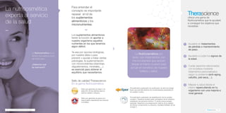 La nutricosmética
experta al servicio
de la salud
_
La Nutricosmética es un
término que está en boca
de todos pero…
¿Sabemos qué
es realmente?
Para entender el
concepto es importante
repasar el rol de
los suplementos
alimenticios y los
micronutrientes.
Los suplementos alimenticios
tienen la función de aportar a
nuestro organismo aquellos
nutrientes en los que tenemos
algún déficit.
Ya sea por razones biológicas,
por nuestra dieta o para
prevenir o ayudar a tratar ciertas
patologías, la suplementación
con micronutrientes (vitaminas,
oligoelementos, minerales,…)
es esencial para obtener el
equilibrio que necesitamos.
ofrece una gama de
Nutricosmética que te ayudará
a conseguir los objetivos que
necesitas:
Ayudarte en tratamientos
de pérdida o mantenimiento
de peso.
Ayudarte a cuidar los signos de
la edad.
Cuidar aspectos relacionados
con la belleza mediante
tratamientos personalizados
según tu problema (anti-aging,
celulitis, piel seca,…).
Mejorar tu salud desde el
interior repercutiendo en tu
organismo con una mejoría a
nivel general.
1
2
3
4
La Nutricosmética por
tanto, son tratamientos con
micronutrientes que actúan
desde el interior (nutren) para
actuar en beneficio de nuestra
belleza y salud.
Sello que garantiza el origen y la
selección de las plantas para su
óptima calidad y eficacia.
Procedimiento patentado de purificación de alta tecnología
Epax que permite eliminar los contaminantes presentes en
los aceites crudos.
Procedimiento patentado de estabilización de los aceites
omega 3. Nuestros aceites están protegidos de la oxidación
retrasando los primeros indicios 13 veces versus aceites
estandar. Garantiza una preservación óptima de la calidad,
de tiempo conservando su eficacia y biodisponibilidad de los
omega 3.
Sello que garantiza la pesca eco-
responsable respetando las reservas
mundiales.
Sello de calidad Therascience:
En la gama Nutricosmética
6 | La nutricosmética al servicio de la salud | 7
 