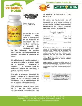 Av. Occidental N51-151 y Antonio Román, Ed. Constelación,
Occidental N51-151 y Antonio Román, Ed. Constelación, Of. 101. Quito - Ecuador.
Contactos: (593-2) 2279-076 - 099 5593 599 - 099 5285 692 - 099 8529 771
www.thevitaminshome.com info@thevitaminshome.com
CALCIO 600 mg
+ Vitamina D
60 tabletas
Registro Sanitario en
Ecuador 24.953-02-03
Incontables funciones
biológicas, tales
como la contracción
de los músculos, la
transmisión de los
impulsos nerviosos,
la secreción de
hormonas por parte
de las glándulas del sistema
endocrino así como la producción de
enzimas, requieren la presencia de
calcio.
El calcio llega al intestino delgado y
se absorbe gracias a la acción de la
de la vitamina D (calciferol).La
vitamina D es esencial para la
formación normal del esqueleto y
para el equilibrio mineral.
Estimula la absorción intestinal de
calcio y favorece la reconstrucción
ósea. La función más importante de
la vitamina D es el mantenimiento de
los niveles de calcio en la sangre.
Una adecuada cuota de calcio debe
de ir por lo tanto siempre
acompañada de vitamina D para que
se absorba y cumpla sus funciones
específicas.
El calcio es fundamental en el
desarrollo de una buena estructura
ósea y dental, en todas las etapas del
desarrollo del ser humano, desde la
gestación hasta la tercera edad.
Fórmula de Composición
Toma: 1 tableta
Cantidad por toma % Valor diario
Vitamina D3 125 IU 31,5%
(como colecalciferol)
Calcio 600 mg 60%
(como carbonato de calcio)
Indicaciones: Adultos, tomar una (1) o dos (2)
tabletas por día, preferiblemente con las comidas. Le
recordamos que consulte con su proveedor de
servicios médicos sobre los suplementos y
medicamentos que toma. Las tabletas están
revestidas para que sea más fácil tragarlas
Otros ingredientes: celulosa (de origen vegetal),
croscarmelosa, revestimiento de celulosa, estearato
de magnesio vegetal.
ADVERTENCIA: si está embarazada, lactando o
tomando algún medicamento, consulte con su médico
antes de usar este producto. Suspenda su uso y
consulte a su médico si se produce alguna reacción
adversa.
No contiene colorantes, saborizantes
o edulcorantes artificiales,
conservantes, azúcar, almidón,
leche, lactosa, soja, gluten, trigo,
levadura, pescado ni sodio
 