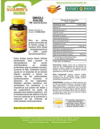 Av. Occidental N51-151 y Antonio Román, Ed. Constelación,
Occidental N51-151 y Antonio Román, Ed. Constelación, Of. 101. Quito - Ecuador.
Contactos: (593-2) 2279-076 - 099 5593 599 - 099 5285 692 - 099 8529 771
www.thevitaminshome.com info@thevitaminshome.com
OMEGA 3
(Fish Oil)
100 cápsulas blandas
Registro Sanitario en
Ecuador 133-MNE-09-04
Rico en ácidos
grasos esenciales de
la familia omega 3,
contiene EPA (ácido
eicosapentaenóico)
y DHA (ácido
docosahexaenóico).
Estos ácidos grasos tienen efectos
beneficiosos para prevenir la
ateroesclerosis. Su acción
antiinflamatoria es múltiple
pudiéndose usar en estados diversos,
aumenta el HDL (Colesterol bueno),
ayuda en el descenso de la presión
arterial, previene y reduce los
síntomas de las enfermedades
cardiovasculares. Favorece el
descenso de los triglicéridos.
Múltiples estudios científicos han
demostrado los beneficios y la
importancia que poseen las dietas y
los suplementos de aceite de
pescado para nuestro organismo, por
el fortalecimiento del sistema inmune,
como en particular en la prevención y
reducción de los síntomas de
enfermedades cardiovasculares.
Depurado para eliminar el mercurio
Fórmula de Composición
Toma: 1 cápsula
Cantidad por toma % Valor diario
Calorías 10
Calorías de grasa 10
Total Fat 1g 2%*
Saturated Fat 0g 0%*
Polyunsaturated Fat 0g **
Monounsaturated Fat 0g **
Cholesterol 5 mg 2%
Aceite de pescado 1,000 mg **
EPA (ácido eicosapentaenóico) **
DHA (ácido docosahexaenóico) **
Total de ácidos grasos omega-3 300 mg **
*El porcentaje de valor diario se basa
en una dieta de 2,000 calorías.
**Valor diario no establecido.
Indicaciones: Adultos, tomar una (1) cápsula tres
veces por día, preferiblemente con las comidas. La
potencia, pureza y disolución del producto se han
probado en el laboratorio, para satisfacer estrictos
estándares de control de calidad.
Otros ingredientes: gelatina, glicerina vegetal.
Contiene <2% de: tocoferoles mixtos. Contiene
ingredientes de pescado (anchoa, caballa, sardina).
Concentrado de lípido marino.
ADVERTENCIA: consulte a su médico antes de usar
en caso de embarazo, lactancia o de estar tomando
algún medicamento o si planea someterse a algún
procedimiento médico. Suspenda su uso y consulte a
su médico si se produce alguna reacción adversa.
Mantener fuera del alcance de los niños. Guardar en
un lugar fresco y seco. No usar si está roto o faltare
el precinto debajo de la tapa.
Sin colorantes, saborizantes o
edulcorantes artificiales,
conservantes, azúcar, almidón,
leche, lactosa, gluten, trigo,
levadura, mariscos ni sodio.
 