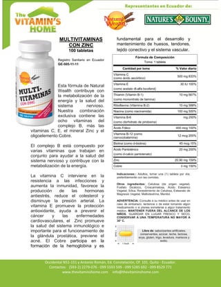 Av. Occidental N51-151 y Antonio Román, Ed. Constelación,
Occidental N51-151 y Antonio Román, Ed. Constelación, Of. 101. Quito - Ecuador.
Contactos: (593-2) 2279-076 - 099 5593 599 - 099 5285 692 - 099 8529 771
www.thevitaminshome.com info@thevitaminshome.com
MULTIVITAMINAS
CON ZINC
100 tabletas
Registro Sanitario en Ecuador
GE-505-11-11
Esta fórmula de Natural
Wealth contribuye con
la metabolización de la
energía y la salud del
sistema nervioso.
Nuestra combinación
exclusiva contiene las
ocho vitaminas del
complejo B, más las
vitaminas C, E, el mineral Zinc y el
oligoelemento Cobre.
El complejo B está compuesto por
varias vitaminas que trabajan en
conjunto para ayudar a la salud del
sistema nervioso y contribuye con la
metabolización de la energía.
La vitamina C interviene en la
resistencia a las infecciones y
aumenta la inmunidad, favorece la
producción de las hormonas
antiestrés, reduce el colesterol y
disminuye la presión arterial. La
vitamina E promueve la protección
antioxidante, ayuda a prevenir el
cáncer y las enfermedades
cardiovasculares, el Zinc promueve
la salud del sistema inmunológico e
importante para el funcionamiento de
la glándula prostática, previene el
acné. El Cobre participa en la
formación de la hemoglobina y es
fundamental para el desarrollo y
mantenimiento de huesos, tendones,
tejido conectivo y el sistema vascular.
Indicaciones:: Adultos, tomar una (1) tableta por día,
preferiblemente con las comidas.
Otros ingredientes: Celulosa (de origen vegetal),
Fosfato Dicálcico, Croscarmelosa, Ácido Esteárico
Vegetal, Sílica, Revestimiento de Celulosa, Estearato de
Magnesio Vegetal, Maltodextrina, Manitol.
ADVERTENCIA: Consulte a su médico antes de usar en
caso de embarazo, lactancia o de estar tomando algún
medicamento o si planea someterse a algún tratamiento
médico. MANTENER FUERA DEL ALCANCE DE LOS
NIÑOS. GUARDAR EN LUGAR FRESCO Y SECO,
CONSERVAR A UNA TEMPERATURA NO MAYOR A
30° C.
Libre de: saborizantes artificiales,
conservantes, azúcar, leche, lactosa,
soya, gluten, trigo, levadura, mariscos y
sodio.
Fórmula de Composición
Toma: 1 tableta
Cantidad por toma % Valor diario
Vitamina C
(como ácido ascórbico)
500 mg 833%
Vitamina E 30 IU 100%
(como acetato dl-alfa tocoferol)
Thiamin (Vitamin B-1) 10 mg 667%
(como mononitrato de tiamina)
Riboflavina (Vitamina B-2) 10 mg 588%
Niacina (como niacinamida) 100 mg 500%
Vitamina B-6 mg 250%
(como clorhidrato de piridoxina)
Ácido Fólico 400 mcg 100%
Vitamina B-12 (como
cianocobalamina)
12 mcg 200%
Biotina (como d-biotina) 45 mcg 15%
Ácido Pantoténico 20 mg 200%
(como d-calcio pantotenato)
Zinc 20.90 mg 159%
Cobre 3 mg 150%
 