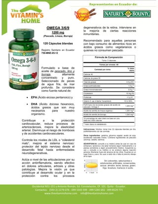 Av. Occidental N51-151 y Antonio Román, Ed. Constelación,
Occidental N51-151 y Antonio Román, Ed. Constelación, Of. 101. Quito - Ecuador.
Contactos: (593-2) 2279-076 - 099 5593 599 - 099 5285 692 - 099 8529 771
www.thevitaminshome.com info@thevitaminshome.com
OMEGA 3/6/9
1200 mg
(Pescado, Linaza, Borraja)
120 Cápsulas blandas
Registro Sanitario en Ecuador
750-MNE-05-12
Formulado a base de
aceite de pescado, lino y
borraja, altamente
concentrado y puro.
Seleccionado de peces
de agua fría, de mar
profundo. Se considera
como fuente natural de:
 EPA (Ácido eicosa pentanoico) y
 DHA (Ácido docosa hexanoico,
ácidos grasos que son muy
necesarios para nuestro
organismo.
Contribuye a la protección
cardiovascular, reduce procesos de
arteriosclerosis, mejora la elasticidad
arterial. Disminuye el riesgo de trombosis
y de accidentes cardiovasculares.
Controla los niveles de LDL o “colesterol
malo”, mejora el sistema nervioso:
protector del tejido nervioso desde el
desarrollo fetal hasta enfermedades
neurodegenerativas.
Actúa a nivel de las articulaciones por su
acción antiinflamatoria, siendo efectivo
en dolores articulares, artrosis y otras
patologías. Mejora la visión ya que
contribuye al desarrollo ocular y en la
protección contra los procesos
degenerativos de la retina. Interviene en
la mejoría de ciertas reacciones
inmunitarias.
Recomendado para aquellas personas
con bajo consumo de alimentos ricos en
ácidos grasos como vegetarianos o
quienes no consumen pescado.
Fórmula de Composición
Toma: 3 cápsulas
Tomas por envase: 40
Cantidad por toma
% Valor
diario
Calorías 40
Calorías de grasa 30
Total de grasas 3.5 g 5%*
Grasa poliinsaturada 1.5 g **
Grasa monoinsaturada 0.5 g **
Cholesterol 10 mg 4%
Proteínas <1 g %*
Vitamin E (as d-Alpha Tocopherol) 15 IU 50%
Perfil típico de los ácidos grasos del aceite de
pescado: Omega-3
1,200 mg**
Aceite de semilla de linaza orgánica - 1,200 mg**
Aceite de semilla de borraja - 1,200 mg**
*El porcentaje de valor diario se basa en una
dieta de 2,000 calorías.
**Valor diario no establecido.
Indicaciones: Adultos, tomar tres (3) cápsulas blandas por día,
preferiblemente con las comidas.
Otros ingredientes: gelatina, glicerina vegetal, aceite de soja,
tocoferoles naturales mixtos. Contiene ingredientes de pescado
(anchoa, caballa, sardina).
ADVERTENCIA: consulte a su médico antes de usar en caso de
embarazo, lactancia o de estar tomando algún medicamento o si
planea someterse a algún procedimiento médico. Suspenda su
uso y consulte a su médico si se produce alguna reacción
adversa. Mantener fuera del alcance de los niños. Guardar en un
lugar fresco y seco. No usar si está roto o falta el precinto debajo
de la tapa.
Sin colorantes, saborizantes o
edulcorantes artificiales, conservantes,
azúcar, almidón, leche, lactosa, gluten,
trigo, levadura, mariscos ni sodio.
 