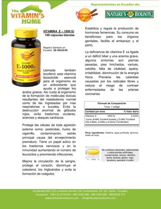 Av. Occidental N51-151 y Antonio Román, Ed. Constelación,
Occidental N51-151 y Antonio Román, Ed. Constelación, Of. 101. Quito - Ecuador.
Contactos: (593-2) 2279-076 - 099 5593 599 - 099 5285 692 - 099 8529 771
www.thevitaminshome.com info@thevitaminshome.com
VITAMINA E – 1000 IU
100 cápsulas blandas
Registro Sanitario en
Ecuador 26.196-02-05
Llamada también
tocoferol, esta vitamina
liposoluble esencial
para el organismo es
un antioxidante que
ayuda a proteger los
ácidos grasos. Así cuida al organismo
de la formación de moléculas tóxicas
resultantes del metabolismo normal
como de las ingresadas por vías
respiratorias o bucales. Evita la
destrucción anormal de glóbulos
rojos, evita trastornos oculares,
anemias y ataques cardíacos.
Protege las células de toda agresión
externa como: pesticidas, humo de
cigarrillo, contaminación, estrés
principal causa del envejecimiento
prematuro. Tiene un papel activo en
los trastornos nerviosos y en la
inmunidad aumentando el número de
leucocitos y previniendo infecciones.
Mejora la circulación de la sangre,
protege al corazón, disminuye el
colesterol, los triglicéridos y evita la
formación de coágulos.
Estabiliza y regula la producción de
hormonas femeninas. Su consumo es
beneficioso para los órganos
genitales, facilita el embarazo y el
parto.
La deficiencia de vitamina E va ligada
a un déficit biliar y una anemia grave,
algunos síntomas son piernas
pesadas, pies hinchados, varices,
celulitis, falta de vitalidad, apatía,
irritabilidad, disminución de la energía
física. Previene las cataratas
causadas por los radicales libres y
reduce el riesgo de contraer
enfermedades de las arterias
coronarias.
Fórmula de Composición
Toma: 1 softgel
Cantidad por toma % Valor diario
Vitamina E 1000 IU 3,333%
(como dl-Alfa Tocoferil Acetato y D-Alfa Tocoferol
más d-Beta, d-Delta y d-Gama Tocoferoles)
Otros ingredientes: Gelatina, agua purificada, glicerina,
aceite de soya.
No contiene colorantes, saborizantes
o edulcorantes artificiales,
conservantes, azúcar, almidón,
leche, lactosa, gluten, trigo,
levadura, pescado ni sodio
 