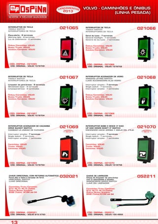 CÓD. ORIGINAL - VOLVO
CÓD. OSPINA - 021068
INTERRUPTOR ACIONADOR DE VIDRO
- 7 terminais
WINDOW LIFTING SWITCH
LLAVE ACCIONADORA ALZA VIDRIO
Interruptor simples
Single switch - 7 terminals
Interruptor simples - 7 terminales
Ônibus/Caminhões: VOLVO
Buses/Trucks: VOLVO
Autobús/Camiones: VOLVO
021068
CÓD. ORIGINAL - VOLVO 1578750
CÓD. OSPINA - 021069
INTERRUPTOR ACIONADOR DE CAÇAMBA
DRIVE BUCKET SWITCH
- 7 terminais
CAMBIAR LA UNIDAD DE CUCHARA
Interruptor simples
Single switch - 7 terminals
Interruptor simples - 7 terminales
Caminhões: VOLVO
Trucks: VOLVO
Camiones: VOLVO
021069
CÓD. ORIGINAL - VOLVO 159 4959
CÓD. OSPINA - 052211
052211
CÓD. ORIGINAL - VOLVO 815 5750
CÓD. OSPINA - 032021
CHAVE DIRECIONAL COM RETORNO AUTOMÁTICO
Farol alto e baixo e lampejo de farol.
DIRECIONAL SWITCH
LLAVE DIRECIONAL
Caminhões/Truks/Camiones:
N10; NL10; NL12 (Todos)
Ônibus/Buses/Autobús:
B58E (Todos) B10M até 94
032021
CÓD. ORIGINAL - VOLVO 1578704
CÓD. OSPINA - 021067
INTERRUPTOR DE TECLA
Limpador de pára-brisas - 6 terminais
TOGGLE SWITCH
INTERRUPTORES DE TECLA
Windshield wiper - 6 terminals
Limpiaparabrisas - 6 terminales
Ônibus/Caminhões: VOLVO
Buses/Trucks: VOLVO
Autobús/Camiones: VOLVO
021067
CÓD. ORIGINAL - VOLVO 1578700
CÓD. OSPINA - 021065
INTERRUPTOR DE TECLA
Pisca-alerta - 8 terminais
TOGGLE SWITCH
INTERRUPTORES DE TECLA
Warning light - 8 terminals
Luz de advertencia - 8 terminales
Ônibus/Caminhões: VOLVO
Buses/Trucks: VOLVO
Autobús/Camiones: VOLVO
021065
CÓD. OSPINA - 021070
INTERRUPTOR SOBE E DESCE 3º EIXO
UP AND DOWN SHAFT 3º SWITCH
- 7 terminais
ENCENDIDO HACIA ARRIBA Y ABAJO DEL 3ºEJE.
Interruptor simples
Single switch - 7 terminals
Interruptor simples - 7 terminales
Caminhões: VOLVO
Trucks: VOLVO
Camiones: VOLVO
021070
CHAVE DE LIMPADOR
Chave de limpador de pára-brisa
com 2 velocidades e lavador.
WINDSCREEN WIPER SWITCH
LLAVE DEL LIMPIADOR
Caminhões/Truks/Camiones:
N10; NL10; NL12 (Todos)
Ônibus/Buses/Autobús:
B58E (Todos) B10M até 94
CÓD. ORIGINAL - VOLVO 1578702
CÓD. OSPINA - 021066
INTERRUPTOR DE TECLA
Geral de luzes - 7 terminais
TOGGLE SWITCH
INTERRUPTORES DE TECLA
General headlight - 7 terminals
General de las luzes - 7 terminales
Ônibus/Caminhões: VOLVO
Buses/Trucks: VOLVO
Autobús/Camiones: VOLVO
021066
EAM NÇ TN OAL
2013
EAM NÇ TN OAL
2013
EAM NÇ TN OAL
2013
S
CÓD. ORIGINAL - VOLVO 1518756
 