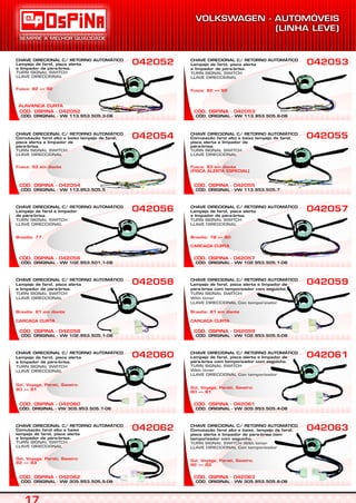 CÓD. ORIGINAL - VW 102.953.501.1-06
CÓD. OSPINA - 042056
CHAVE DIRECIONAL C/ RETORNO AUTOMÁTICO
Lampejo de farol e limpador
de pára-brisa.
TURN SIGNAL SWITCH
LLAVE DIRECCIONAL
Brasilia: 77
042056 042057
CÓD. ORIGINAL - VW 102.953.505.1-06
CÓD. OSPINA - 042058
CHAVE DIRECIONAL C/ RETORNO AUTOMÁTICO
Lampejo de farol, pisca alerta
e limpador de pára-brisa.
TURN SIGNAL SWITCH
LLAVE DIRECCIONAL
Brasilia: 81 em diante
CARCAÇA CURTA
042058
CÓD. ORIGINAL - VW 102.953.505.5-06
CÓD. OSPINA - 042059
042059
CÓD. ORIGINAL - VW 305.953.505.1-06
CÓD. OSPINA - 042060
CHAVE DIRECIONAL C/ RETORNO AUTOMÁTICO
Lampejo de farol, pisca alerta
e limpador de pára-brisa.
TURN SIGNAL SWITCH
LLAVE DIRECCIONAL
Gol, Voyage, Parati, Saveiro:
80 => 81
042060
CÓD. ORIGINAL - VW 305.953.505.4-06
CÓD. OSPINA - 042061
042061
CÓD. ORIGINAL - VW 305.953.505.5-06
CÓD. OSPINA - 042062
CHAVE DIRECIONAL C/ RETORNO AUTOMÁTICO
Comutação farol alto e baixo
lampejo de farol, pisca alerta
e limpador de pára-brisa.
TURN SIGNAL SWITCH
LLAVE DIRECCIONAL
Gol, Voyage, Parati, Saveiro:
82 => 83
042062
CÓD. ORIGINAL - VW 305.953.505.6-06
CÓD. OSPINA - 042063
042063
CÓD. ORIGINAL - VW 113.953.505.5
CÓD. OSPINA - 042054
CHAVE DIRECIONAL C/ RETORNO AUTOMÁTICO
Comutação farol alto e baixo lampejo de farol,
pisca alerta e limpador de
pára-brisa.
TURN SIGNAL SWITCH
LLAVE DIRECCIONAL
Fusca: 93 em diante
042054 042055
CHAVE DIRECIONAL C/ RETORNO AUTOMÁTICO
Lampejo de farol, pisca alerta e limpador de
pára-brisa com temporizador com esguicho.
TURN SIGNAL SWITCH
With timer
LLAVE DIRECCIONAL Con temporizador
Brasilia: 81 em diante
CARCAÇA CURTA
CHAVE DIRECIONAL C/ RETORNO AUTOMÁTICO
Lampejo de farol, pisca alerta e limpador de
pára-brisa com temporizador com esguicho.
TURN SIGNAL SWITCH
With timer
LLAVE DIRECCIONAL Con temporizador
Gol, Voyage, Parati, Saveiro:
80 => 81
CHAVE DIRECIONAL C/ RETORNO AUTOMÁTICO
Comutação farol alto e baixo, lampejo de farol,
pisca alerta e limpador de pára-brisa com
temporizador com esguicho.
TURN SIGNAL SWITCH With timer
LLAVE DIRECCIONAL Con temporizador
Gol, Voyage, Parati, Saveiro:
82 => 83
CÓD. ORIGINAL - VW 102.953.505.1-06
CÓD. OSPINA - 042057
CHAVE DIRECIONAL C/ RETORNO AUTOMÁTICO
Lampejo de farol, pisca alerta
e limpador de pára-brisa.
TURN SIGNAL SWITCH
LLAVE DIRECCIONAL
Brasilia: 78 => 80
CARCAÇA CURTA
CÓD. ORIGINAL - VW 113.953.505.7
CÓD. OSPINA - 042055
CHAVE DIRECIONAL C/ RETORNO AUTOMÁTICO
Comutação farol alto e baixo lampejo de farol,
pisca alerta e limpador de
pára-brisa.
TURN SIGNAL SWITCH
LLAVE DIRECCIONAL
Fusca: 93 em diante
(PISCA ALERTA ESPECIAL)
CÓD. ORIGINAL - VW 113.953.505.3-06
CÓD. OSPINA - 042052
CHAVE DIRECIONAL C/ RETORNO AUTOMÁTICO
Lampejo de farol, pisca alerta
e limpador de pára-brisa.
TURN SIGNAL SWITCH
LLAVE DIRECCIONAL
Fusca: 82 => 92
042052
CÓD. ORIGINAL - VW 113.953.505.6-06
CÓD. OSPINA - 042053
CHAVE DIRECIONAL C/ RETORNO AUTOMÁTICO
Lampejo de farol, pisca alerta
e limpador de pára-brisa.
TURN SIGNAL SWITCH
LLAVE DIRECCIONAL
Fusca: 82 => 92
042053
 