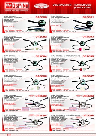 CÓD. ORIGINAL - VW 231.953.505.5
CÓD. OSPINA - 042084
CHAVE DIRECIONAL
COM RETORNO AUTOMÁTICO
Comutação farol alto e
baixo lampejo de farol e
limpador de pára-brisa.
TURN SIGNAL SWITCH
LLAVE DIRECCIONAL
Kombi: 95
042084 042085
CÓD. ORIGINAL - VW ZBA.953.505.05
CÓD. OSPINA - 042086
CHAVE DIRECIONAL
COM RETORNO AUTOMÁTICO
Lampejo de farol, pisca alerta
e limpador de pára-brisa.
TURN SIGNAL SWITCH
LLAVE DIRECCIONAL
Passat: 80 em diante
SEM CARCAÇA
042086
CÓD. ORIGINAL - VW ZBA.953.505.A-0
CÓD. OSPINA - 042087
042087
CÓD. ORIGINAL - VW
CÓD. OSPINA - 042092
CHAVE DIRECIONAL
COM RETORNO AUTOMÁTICO
Lampejo de farol
e limpador de pára-brisa.
TURN SIGNAL SWITCH
LLAVE DIRECCIONAL
Kombi: 82 => 89
COM PISCA-ALERTA
042092
CÓD. ORIGINAL - VW
CÓD. OSPINA - 042093
042093
CÓD. OSPINA - 042084
CHAVE DIRECIONAL
COM RETORNO AUTOMÁTICO
Comutação farol alto e
baixo lampejo de farol e
limpador de pára-brisa.
TURN SIGNAL SWITCH
LLAVE DIRECCIONAL
Kombi: 95
COM PISCA-ALERTA
042094
CÓD. OSPINA - 042095
042095
CÓD. ORIGINAL - VW 231.953.505.3
CÓD. OSPINA -042082
CHAVE DIRECIONAL
COM RETORNO AUTOMÁTICO
Lampejo de farol
e limpador de pára-brisa.
TURN SIGNAL SWITCH
LLAVE DIRECCIONAL
Kombi: 82 => 89
042082 042083
CHAVE DIRECIONAL
COM RETORNO AUTOMÁTICO
Lampejo de farol, pisca alerta
e limpador de pára-brisa com
temporizador e esguicho.
TURN SIGNAL SWITCH
LLAVE DIRECCIONAL
Con temporizador
Passat: 80 em diante
SEM CARCAÇA
CHAVE DIRECIONAL
COM RETORNO AUTOMÁTICO
Lampejo de farol e
limpador de pára-brisa com
temporizador e esguicho.
TURN SIGNAL SWITCH
LLAVE DIRECCIONAL
Kombi: 90 => 94
COM PISCA-ALERTA
CHAVE DIRECIONAL C/ RETORNO AUTOMÁTICO
Comutação farol alto e
baixo lampejo de farol e
limpador de pára-brisa com
temporizador e esguicho.
TURN SIGNAL SWITCH
LLAVE DIRECCIONAL
Kombi: 95
COM PISCA-ALERTA
CÓD. ORIGINAL - VW 231.953.505.6
CHAVE DIRECIONAL C/ RETORNO AUTOMÁTICO
Comutação farol alto e
baixo lampejo de farol e
limpador de pára-brisa com
temporizador e esguicho.
TURN SIGNAL SWITCH
With timer
LLAVE DIRECCIONAL
Con temporizador
Kombi: 95
CÓD. ORIGINAL - VW 231.953.505.4
CÓD. OSPINA - 042083
CHAVE DIRECIONAL
COM RETORNO AUTOMÁTICO
Lampejo de farol e
limpador de pára-brisa com
temporizador e esguicho.
TURN SIGNAL SWITCH
LLAVE DIRECCIONAL
Kombi: 90 => 94
CÓD. ORIGINAL - VW 231.953.517.2
CÓD. OSPINA - 042080
CHAVE DIRECIONAL
COM RETORNO AUTOMÁTICO
Lampejo de farol
Alavanca curta.
TURN SIGNAL SWITCH
LLAVE DIRECCIONAL
Kombi: 75 => 76
042080
CÓD. ORIGINAL - VW 231.953.517.3
CÓD. OSPINA - 042081
CHAVE DIRECIONAL
COM RETORNO AUTOMÁTICO
Lampejo de farol
Alavanca longa.
TURN SIGNAL SWITCH
LLAVE DIRECCIONAL
Kombi: 77 => 81
042081
CÓD. ORIGINAL - VW CÓD. ORIGINAL - VW
Vermelho: Positivo (+)
Vermelho/Branco:Relê Pisca T49
Vermelho/Preto:Ignição T15
Azul/Vermelho:Luz Piloto Pisca-Alerta
COM PISCA-ALERTA
Vermelho: Positivo (+)
Vermelho/Branco:Relê Pisca T49
Vermelho/Preto:Ignição T15
Azul/Vermelho:Luz Piloto Pisca-Alerta
Vermelho/Branco:Relê Pisca T49
Vermelho/Preto:Ignição T15
Azul/Vermelho:Luz Piloto Pisca-Alerta
COM PISCA-ALERTA
COM PISCA-ALERTA
Vermelho/Branco:Relê Pisca T49
Vermelho/Preto:Ignição T15
Azul/Vermelho:Luz Piloto Pisca-Alerta
COM PISCA-ALERTA
EAM NÇ TN OAL
2013
EAM NÇ TN OAL
2013
EAM NÇ TN OAL
2013
EAM NÇ TN OAL
2013
EAM NÇ TN OAL
2013
S
CÓD. OSPINA - 042085
 