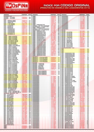 ORIGINAL PÁG.OSPINA
094005
094008
042073
042073
011022
042176
042177
042070
042070
042071
042174
042174
042175
042175
042178
042179
042103
042103
042104
042104
042096
062296
042105
042106
062201
062202
042040
062204
062205
042034
062203
062203
042035
042036
042043
042041
052208
062206
042088
032046
042038
052292
042037
032047
042044
042042
042039
042045
032048
052208
052209
062207
021104
021103
042107
042108
042101
042102
021101
032092
021100
042101
042101
042102
042102
042033
032049
032092
032093
032094
042190
032161
042192
042191
042196
042197
042197
011024
042089
062289
062289
021091
011023
062290
021082
021081
032162
021085
021090
021087
021089
021086
021084
032163
032164
021088
042194
042195
042193
032005
032006
032007
22
22
01
01
01
01
01
01
01
01
01
01
01
01
01
01
04
04
04
04
04
04
04
04
02
02
03
03
03
02
02
02
02
02
03
03
05
03
04
05
03
05
02
05
03
03
03
03
05
05
05
03
02
02
04
04
04
04
02
05
02
04
04
04
04
02
05
05
05
05
06
07
07
07
07
07
07
06
06
06
06
06
06
06
06
06
07
06
06
06
06
06
06
07
07
06
07
07
07
08
09
09
CATERPILLAR
FIAT
FORD
GENERAL MOTORS - GM
MERCEDES-BENZ
CATERP. - 7H7290
CATERP. - 7H7290
FIAT - 1825471800
FIAT - 1830284800
FIAT - 1898140
FIAT - 119142560
FIAT - 119142660
FIAT - 4336876
FIAT - 4446410
FIAT - 5959342
FIAT - 735265337
FIAT - 735265340
FIAT - 735290065
FIAT - 735290066
FIAT - 735360414
FIAT - 735360416
FORD - 1S6513335AA
FORD - 1S6513335AB
FORD - 1S6513335BA
FORD - 1S6513335BB
FORD - 337953513205
FORD - 337953519205
FORD - 547953505B
FORD - 547953505D
FORD - 78MU17A553A
FORD - 78MU17K478B290
FORD - 79TU13335A
FORD - 79TU17A553A
FORD - 79TU17K478A
FORD - 80NU13335A290
FORD - 85EU17K478A290
FORD - 88EU17K478AA290
FORD - 85NU1335A290
FORD - 85PU13335A290
FORD - 85TU13335B
FORD - 85TU13335C
FORD - 85TU17A553A
FORD - 85TU17K478B
FORD - 86AG13B302AA
FORD - 86TU-13335-A
FORD - 87EU-13335-AA
FORD - 87HU17.K478.AA
FORD - 87PU13335AA
FORD - 87TU13335AA
FORD - 87TU13335BA
FORD - 87TU13335CA
FORD - 88EU13335AA
FORD - 88TU13335AA
FORD - 88TU13335BA
FORD - 88TU17A553AA
FORD - 88TU17A553BA
FORD - 88TU17K478BA
FORD - 93BG14529AA
FORD - 95AG145 29BA
FORD - 95AG14K147AA
FORD - 95AG14K147CA
FORD - 96FG13335AB
FORD - 96FG13335CB
FORD - 96FG14529BC
FORD - 97HU13335AA
FORD - 97KB13A350AC
FORD - 98FU13335AA
FORD - 98FU13335AB
FORD - 98FU13335BA
FORD - 98FU13335BB
FORD - BD8M13335A
FORD - T71953513A
FORD - TJG953513
FORD - Y85Z/13K359/CA
FORD - YL3Z/13K359/AB/A
GM - 13142073
GM - 26051075
GM - 52274900
GM - 52286061
GM - 93384388
GM - 93384387
GM - 93384387
GM - 90213283
GM - 90228194
GM - 90243394
GM - 90508667
GM - 90316902
GM - 90381877
GM - 90413243
GM - 90434501
GM - 91038060
GM - 93278223
GM - 93315092
GM - 93315093
GM - 93315094
GM - 93315095
GM - 93315928
GM - 93315930
GM - 93364303
GM - 93364304
GM - 93374774
GM - 93378440
GM - 93378441
GM - 94602998
MBB -
MBB -
MBB -
ORIGINAL PÁG.OSPINA
032008
032009
032010
032014
032016
032017
032018
032020
032149
021060
021060
021060
021061
021061
021061
032148
011002
011003
073002
021062
021063
021064
032002
032019
011001
073001
032001
032013
120100
094007
074003
032003
074001
074006
032015
094004
032147
032147
042203
042202
042201
042204
042205
032028
032029
032030
074002
052210
032027
042075
042076
042077
042078
011004
011005
011006
011007
011008
011009
011012
083012
083013
083014
083024
083034
083035
094004
094005
094007
094008
094009
094012
094013
101190
101195
101203
101208
101213
101218
101222
101225
101227
101228
111100
111105
111110
111115
111120
111125
111130
111135
111140
111145
111150
111155
111157
111158
111159
111160
111161
111162
111163
111165
09
09
09
09
09
09
09
10
10
08
08
08
08
08
08
10
08
08
10
08
08
08
08
09
08
10
08
09
10
10
10
08
10
10
09
10
10
10
11
11
11
11
11
12
12
12
12
12
12
12
12
12
12
21
21
21
21
21
21
21
21
21
21
22
22
22
22
22
22
22
22
22
22
23
23
23
23
23
23
23
23
23
23
24
24
24
24
24
24
24
24
24
24
24
24
24
24
24
24
24
24
24
24
ORIGINAL PÁG.OSPINA
MBB -
MBB -
MBB -
MBB -
MBB -
MBB -
MBB -
MBB -
MBB - 0085450124
AGRALE - 6012011023008
MARCOPOLO - 272001420
MBB - 3865457024
AGRALE - 6007011322004
MARCOPOLO - 272001413
MBB - 6885457124
MBB - A0005407445
MBB - A0005451120
MBB - A0005453318
MBB - A0005454208
MBB - A0005459111
MBB - A0005459211
MBB - A0005459311
MBB - A3085457024
MBB - A3085457224
MBB - A3445450117
MBB - A3455457108
MBB - A3455457124
MBB - A3455457524
MBB - A3455457634
MBB - A3645450008
MBB - A3645457008
MBB - A3645457024
MBB - A3645457308
MBB - A3645457508
MBB - A3645457624
MBB - A3845457008
MBB - A6885407045
MBB - A6955407045
RENAULT - 7701047255
RENAULT - 7701047254
RENAULT - 7701048956
RENAULT - 7701053057
RENAULT - 7701053058
SCANIA - 1402448
SCANIA - 1402449
SCANIA - 347893
SCANIA - 524779
SCANIA - A360247
SCANIA - A360248
TOYOTA - 8431098002
TOYOTA - 8431098003
TOYOTA - 8431098004
TOYOTA - 8431098005
UNIVERSAL
UNIVERSAL
UNIVERSAL
UNIVERSAL
UNIVERSAL
UNIVERSAL
UNIVERSAL
UNIVERSAL
UNIVERSAL
UNIVERSAL
UNIVERSAL
UNIVERSAL
UNIVERSAL
UNIVERSAL
UNIVERSAL
UNIVERSAL
UNIVERSAL
UNIVERSAL
UNIVERSAL
UNIVERSAL
UNIVERSAL
UNIVERSAL
UNIVERSAL
UNIVERSAL
UNIVERSAL
UNIVERSAL
UNIVERSAL
UNIVERSAL
UNIVERSAL
UNIVERSAL
UNIVERSAL
UNIVERSAL
UNIVERSAL
UNIVERSAL
UNIVERSAL
UNIVERSAL
UNIVERSAL
UNIVERSAL
UNIVERSAL
UNIVERSAL
UNIVERSAL
UNIVERSAL
UNIVERSAL
UNIVERSAL
UNIVERSAL
UNIVERSAL
UNIVERSAL
UNIVERSAL
UNIVERSAL
UNIVERSAL
RENAULT
SCANIA
TOYOTA
UNIVERSAL
111167
111170
111175
111180
111185
120030
120050
120080
120100
120125
120150
120200
120250
021068
021070
021065
021066
021067
021069
052211
032090
032091
052212
052213
094013
032022
032021
032023
032024
042092
042093
042094
042095
042056
042057
042058
042059
042032
042050
042051
042052
042054
042053
042055
042029
042031
042030
042082
042083
042084
042085
042080
042081
062279
042079
032026
032097
032098
021056
052226
052297
021054
032092
021057
062266
042060
042061
042062
042063
042064
042065
011040
021050
021049
021072
021071
042066
021051
042067
011041
021047
021048
021055
021058
062267
042068
042069
062268
062269
021077
021077
021073
021074
021075
021076
021078
021078
032025
052249
032092
052225
042086
042087
021052
021053
24
24
24
24
24
23
23
23
23
23
23
23
23
13
13
13
13
13
13
13
14
14
14
14
14
14
13
14
14
19
19
19
19
17
17
17
17
16
16
16
17
17
17
17
16
16
16
19
19
19
19
19
19
18
18
20
20
20
20
20
20
20
20
20
18
17
17
17
17
18
18
15
15
15
15
15
18
15
18
15
15
15
15
15
18
18
18
18
18
16
16
16
16
16
16
16
16
20
05
20
20
19
19
15
15
UNIVERSAL
UNIVERSAL
UNIVERSAL
UNIVERSAL
UNIVERSAL
UNIVERSAL
UNIVERSAL
UNIVERSAL
UNIVERSAL
UNIVERSAL
UNIVERSAL
UNIVERSAL
UNIVERSAL
VOLVO -
VOLVO - 1518756
VOLVO - 1578700
VOLVO - 1578702
VOLVO - 1578704
VOLVO - 1578750
VOLVO - 1594959
VOLVO - 3172170
VOLVO - 3172171
VOLVO - 3944081
VOLVO - 3944672
VOLVO - 3987034
VOLVO - 815 4792
VOLVO - 815 5750
VOLVO - 815 8723
VOLVO - 816 8724
VW -
VW -
VW -
VW -
VW - 102953501106
VW - 102953505106
VW - 102953505406
VW - 102953505506
VW - 1029535174
VW - 113953501106
VW - 113953505106
VW - 113953505306
VW - 1139535055
VW - 113953505606
VW - 1139535057
VW - 1139535173
VW - 1139535174
VW - 1139535179
VW - 2319535053
VW - 2319535054
VW - 2319535055
VW - 2319535056
VW - 2319535172
VW - 2319535173
VW - 2379535192
VW - 2379535131
VW - 2R0953513999
VW - 2R0953513A999
VW - 2R2953513
VW - 2RD953235
VW - 2RO953519 999
VW - 2RO953519 A 999
VW - 2TA953235
VW - 2TJ953513
VW - 2ZO953235
VW - 3009535192
VW - 305953505106
VW - 305953505406
VW - 305953505506
VW - 305953505606
VW - 305953505705
VW - 305953505805
VW - 305941531A
VW - 305941533205
VW - 305959621A05
VW - 3079415313
VW - 3079415351
VW - 32195351305
VW - 321941535B
VW - 3259535132
VW - 3259415311
VW - 325941535105
VW - 325941535205
VW - 325953235105
VW - 3259598551
VW - 3279535191
VW - 377953513
VW - 377953513A
VW - 377953519
VW - 377953519A
VW - 5Z0959856
VW - 5Z0959856A
VW - 5Z0962125
VW - 5Z4959859
VW - 6Q0959855
VW - 6Q0959856
VW - 6Q0959858
VW - 6Q0959858A
VW - T00953513
VW - T71 953 519A
VW - TJG953513
VW - TOO953519
VW - ZBA95350505
VW - ZBA953505A0
VW - ZBC94153505
VW - ZBC95323505
VOLVO
VOLKSWAGUEM - VW
 