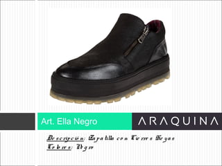 De scripció n: Zapatilla co n Cie rre s He yas
Co lo re s: Ne g ro
Art. Ella Negro
ART 9002
 