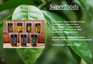 Superfoods
24
- Cacao Nibs – Trozos de pepa de cacao
- Cacao Beans – Pepas de cacao
- Cacao Powder – Cacao en polvo
- Cacao Butter – Manteca de cacao
- Cacao Paste – Pasta de Cacao
- Jungle peanuts – cachuetes sin tostar
- Physalis – Uvilla – Goldenberry deshidratada
- Coconut sugar – Azúcar de coco
 
