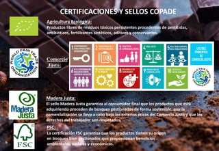 CERTIFICACIONES Y SELLOS COPADE
Agricultura Ecológica:
Productos libres de residuos tóxicos persistentes procedentes de pesticidas,
antibióticos, fertilizantes sintéticos, aditivos y conservantes.
Comercio
Justo:
Madera Justa:
El sello Madera Justa garantiza al consumidor final que los productos que está
adquiriendo proceden de bosques gestionados de forma sostenible, que la
comercialización se lleva a cabo bajo los criterios éticos del Comercio Justo y que los
derechos del trabajador son respetados.
FSC:
La certificación FSC garantiza que los productos tienen su origen
en bosques bien gestionados que proporcionan beneficios
ambientales, sociales y económicos.6
 