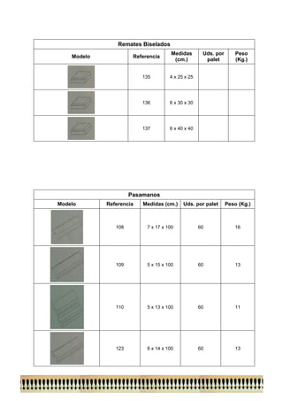 Remates Biselados 
Modelo 
Referencia 
Medidas (cm.) 
Uds. por palet 
Peso (Kg.) 
135 
4 x 25 x 25 
136 
6 x 30 x 30 
137 
6 x 40 x 40 
Pasamanos 
Modelo 
Referencia 
Medidas (cm.) 
Uds. por palet 
Peso (Kg.) 
108 
7 x 17 x 100 
60 
16 
109 
5 x 15 x 100 
60 
13 
110 
5 x 13 x 100 
60 
11 
123 
6 x 14 x 100 
60 
13 
 