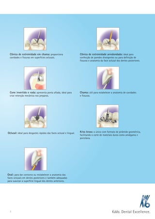 Cônica de extremidade em chama: proporciona 
cavidades e fissuras em superfícies oclusais. 
Cone invertido e roda: apresenta ponta afiada, ideal para 
criar retenção mecânica nos preparos. 
Oval: para dar contorno ou restabelecer a anatomia das 
faces oclusais em dentes posteriores e também adequadas 
para suavizar a superfície lingual dos dentes anteriores. 
3 
Cônica de extremidade arredondada: ideal para 
confecção de paredes divergentes ou para definição de 
fissuras e anatomia da face oclusal dos dentes posteriores. 
Chama: útil para estabelecer a anatomia de cavidades 
e fissuras. 
Kriss kross: o único com formato de pirâmide geométrica, 
facilitando o corte de materiais duros como amálgama e 
porcelana. 
Oclusal: ideal para desgastes rápidos das faces oclusal e lingual. 
 