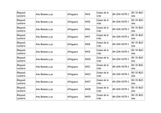 Blegvad,                                        Cosas de la                   82-31-BLE-
           Ana Banana y yo   Alfaguara   4414                 84-204-4375-1
Leonore                                         vida                          ana
Blegvad,                                        Cosas de la                   82-31-BLE-
           Ana Banana y yo   Alfaguara   4415                 84-204-4375-1
Leonore                                         vida                          ana
Blegvad,                                        Cosas de la                   82-31-BLE-
           Ana Banana y yo   Alfaguara   4416                 84-204-4375-1
Leonore                                         vida                          ana
Blegvad,                                        Cosas de la                   82-31-BLE-
           Ana Banana y yo   Alfaguara   4417                 84-204-4375-1
Leonore                                         vida                          ana
Blegvad,                                        Cosas de la                   82-31-BLE-
           Ana Banana y yo   Alfaguara   4418                 84-204-4375-1
Leonore                                         vida                          ana
Blegvad,                                        Cosas de la                   82-31-BLE-
           Ana Banana y yo   Alfaguara   4419                 84-204-4375-1
Leonore                                         vida                          ana
Blegvad,                                        Cosas de la                   82-31-BLE-
           Ana Banana y yo   Alfaguara   4420                 84-204-4375-1
Leonore                                         vida                          ana
Blegvad,                                        Cosas de la                   82-31-BLE-
           Ana Banana y yo   Alfaguara   4421                 84-204-4375-1
Leonore                                         vida                          ana
Blegvad,                                        Cosas de la                   82-31-BLE-
           Ana Banana y yo   Alfaguara   4422                 84-204-4375-1
Leonore                                         vida                          ana
Blegvad,                                        Cosas de la                   82-31-BLE-
           Ana Banana y yo   Alfaguara   4427                 84-204-4375-1
Leonore                                         vida                          ana
Blegvad,                                        Cosas de la                   82-31-BLE-
           Ana Banana y yo   Alfaguara   4428                 84-204-4375-1
Leonore                                         vida                          ana
Blegvad,                                        Cosas de la                   82-31-BLE-
           Ana Banana y yo   Alfaguara   4429                 84-204-4375-1
Leonore                                         vida                          ana
 
