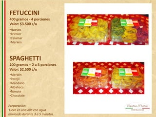 FETUCCINI
400 gramos - 4 porciones
Valor: $3.500 c/u
SPAGHETTI
200 gramos – 2 a 3 porciones
Valor: $2.500 c/u
•Huevos
•Tricolor
•Calamar
•Merkén
•Merkén
•Perejil
•Arándano
•Albahaca
•Tomate
•Chocolate
Preparación:
Lleve en una olla con agua
hirviendo durante 3 a 5 minutos.
 