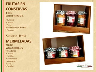 FRUTAS EN
CONSERVAS
1 litro
Valor: $4.100 c/u
MERMELADAS
500 CC
Valor: $3.000 c/u
•Durazno
•Cerezas
•Peras
•Membrillo con murtilla
•Papayas
•Castagnas: $5.400
•Arándanos
•Cerezas
•Frutillas
•Frambuesas
•Mosqueta
•Mora
•Ciruelas
 