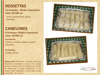 ROSSETTAS
12 Unidades - Rinden 4 porciones
Valor: $9.500 c/u
Jamón acaramelado, queso
laminado.
CANELONES
8 Unidades- Rinden 4 porciones
Valor: $9.500 c/u
Preparación: Precalentar el horno, meter las
Rossettas o Canelones y de vez en cuando
pincha el centro con un cuchillo o un pincho
de forma que si notas resistencia es que
todavía está congelada, si entra fácil es que
está hecho. 20 minutos.
De Salmón:
Salmón, cebolla, orégano, quedo
laminado.
De Ricotta:
Acelga, ricotta.
 