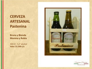 CERVEZA
ARTESANAL
Pastenina
Bruna y Bionda
Morena y Rubia
330 CC - 5,2° alcohol
Valor: $1.500 c/u
 