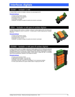 Catálogo Geral de Produtos - Alfacomp Automação Industrial Ltda. - 2016 14
Interfaces digitais
ID2901 – Isolador a relé
O módulo ID2901 constitui um isolador a relé para uma saída digital de 24V.
Características
• Tensão de Acionamento: 24 VCC
• Corrente de saída: 1A em 220VCA
• Dimensões: 70 x 50 x 20 mm
• Led indicador de estado
• Aplicação: comutação de cargas em quadros de comando e automação
2004 – Isolador a relé para 4 saídas digitais
O módulo Alfacomp 2004 constitui um isolador a relé para 4 saídas digitais de 24V. As bobinas dos
relés têm uma ligação em comum no borne 0V. O módulo possui 4 saídas independentes e isoladas;
S0 até S3.
Características
• Tensão de Acionamento: 24 VCC
• Corrente de saída: 1A em 220VCA
• Dimensões: 70 x 50 x 40 mm
• Aplicação: comutação de cargas em quadros de comando e automação
ID2908 – Isolador a relé para 8 saídas digitais
O módulo ID2908 constitui um isolador a relé para 8 saídas digitais de 24V. As bobinas dos relés têm
uma ligação em comum no borne 0V. O módulo possui 8 saídas independentes e isoladas; S0 até S7.
Ocupando apenas 23 mm no trilho DIN, o módulo funciona como borneira, simplificando a montagem
de quadros de comando e economizando espaço. 8 LEDs indicam o estado dos relés. As conexões
são por bornes destacáveis, facilitando a troca rápida de módulos.
Características
• Tensão de acionamento: 24 VCC
• Capacidade de comutação: 1A em 220 VCA
• Indicação: 8 LEDs indicam o estado dos relés
• Dimensões: Altura 88 x Largura 23 x Profundidade 74 mm (conectores incluídos)
• Formato: placa eletrônica em suporte metálico aberto e fixação para trilho DIN