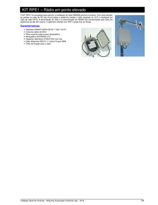 Catálogo Geral de Produtos - Alfacomp Automação Industrial Ltda. - 2016 24
KIT RPE1 – Rádio em ponto elevado
O KIT RPE1 foi concebido para permitir a instalação do rádio RM2060 próximo à antena. Com esta solução,
as perdas no cabo de RF são minimizadas e podemos instalar o rádio afastado do CLP e interligado por
cabo de rede CAT5. A alimentação do rádio e a comunicação em RS485 são transportadas pelo cabo em
distâncias de até 200 metros. O gabinete utilizado tem IP67 e pode ficar ao tempo.
Características
• Gabinete CEMAR CBOX-OB ALT 150x110x70
• 2 prensa-cabos de 9mm
• Placa suporte externa para abraçadeira
• Abraçadeira SUPRENS U-51
• Capacitor eletrolítico 4700uF/35V com fios
• Cabo Alfacomp CB3101 (1 metro) N para SMA
• Trilho de fixação para o rádio