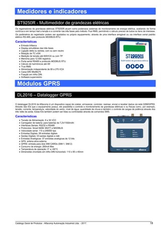 Catálogo Geral de Produtos - Alfacomp Automação Industrial Ltda. - 2017 18
Medidores e indicadores
ST9250R - Multimedidor de grandezas elétricas
Os registradores de grandezas elétricas ST9250R atuam como poderosos sistemas de monitoramento de energia elétrica, avaliando de forma
contínua e em tempo real a tensão e a corrente nas três fases pelo método True RMS, permitindo o cálculo preciso de todos os itens de interesse.
Os parâmetros do registrador podem ser ajustados no próprio equipamento, através de uma interface amigável ou via interface serial padrão
elétrico RS-485, pelo protocolo MODBUS-RTU.
Características
• Entrada trifásica
• Display simultâneo das três fases
• Ligação delta ou estrela, com ou sem neutro
• Relação de TC x/5A
• Medição de tensão até 600VCA ou com TP
• Memória para 12.000 registros
• Porta serial RS485 e protocolo MODBUS RTU
• Cálculo de harmônicos até 49a
• True RMS
• Alimentação independente de 80 a 270 VCA
• Caixa DIN 98x98x75
• Fixação em trilho DIN
• Software supervisório
Módulos GPRS
DL2016 – Datalogger GPRS
O datalogger DL2016 da Alfacomp é um dispositivo capaz de coletar, armazenar, controlar, rastrear, enviar e receber dados via rede GSM/GPRS.
Através das IOs que o equipamento possui, ele possibilita o controle e monitoramento de grandezas elétricas e ou físicas como, por exemplo,
tensão, corrente, temperatura, velocidade do vento, nível de água, quantidade de chuva e também o controle de cargas de potência através dos
três relés de saída. Estas IOs também podem ser lidas ou controladas através de comandos SMS.
Características
• Tensão de Alimentação: 8 a 30 VCC
• Carregador de bateria: para baterias de 7,2V/1500mAh
• Interfaces Seriais: RS232 e RS485
• Protocolos: Smart M2M, MQTT e MODBUS
• Velocidade serial: 110 a 256000 bps
• Entradas Digitais: 06 entradas digitais
• Saídas Digitais: 03 saídas digitais a relê
• Entradas Analógicas: 07 entradas analógicas de 12 bits
• GPS: antena ativa externa
• GPRS: entrada para dois SIM CARDs (SIM 1, SIM 2)
• Consumo de energia: 260mA Max
• Temperatura de operação: 0° a +60°C
• Dimensões (montado em trilho DIN horizontal): 110 x 95 x 40mm
 