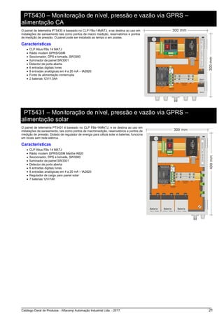 Catálogo Geral de Produtos - Alfacomp Automação Industrial Ltda. - 2017 21
PT5430 – Monitoração de nível, pressão e vazão via GPRS –
alimentação CA
O painel de telemetria PT5430 é baseado no CLP FBs-14MATJ, e se destina ao uso em
instalações de saneamento tais como pontos de macro medição, reservatórios e pontos
de medição de pressão. O painel pode ser instalado ao tempo e em postes.
Características
• CLP Altus FBs 14 MATJ
• Rádio modem GPRS/GSM
• Seccionador, DPS e tomada, SW3300
• Iluminador de painel SW3301
• Detector de porta aberta
• 6 entradas digitais livres
• 8 entradas analógicas em 4 a 20 mA – IA2820
• Fonte de alimentação ininterrupta
• 2 baterias 12V/1,5Ah
PT5431 – Monitoração de nível, pressão e vazão via GPRS –
alimentação solar
O painel de telemetria PT5431 é baseado no CLP FBs-14MATJ, e se destina ao uso em
instalações de saneamento, tais como pontos de macromedição, reservatórios e pontos de
medição de pressão. Dotado de regulador de energia para célula solar e baterias, funciona
em locais sem rede elétrica.
Características
• CLP Altus FBs 14 MATJ
• Rádio modem GPRS/GSM Marthe A820
• Seccionador, DPS e tomada, SW3300
• Iluminador de painel SW3301
• Detector de porta aberta
• 6 entradas digitais livres
• 8 entradas analógicas em 4 a 20 mA – IA2820
• Regulador de carga para painel solar
• 7 baterias 12V/7Ah
 