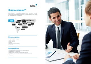 Quem somos?
Nossos valores
Nosso público
A WIND é uma empresa fundada em 2008, com uma rede de
Global Partners em diversos pontos do Globo, atuando nas áreas
da Formação e da Consultoria.
• Relações e Confiança
• Determinação
• Rigor Técnico
• Partilha
• Unidade na Diversidade
• Evolução
• Estudantes e Professores do Ensino Superior
• Empresários e Dirigentes
• Profissionais inseridos no Mercado Laboral
• Indivíduos que buscam o desenvolvimento pessoal
• Empresas
Global
Partners
México
Ucrânia
Cazaquistão
Bielorrússia
 