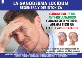 LA GANODERMA LUCIDUM
REGENERA Y DESINTOXICA
GANODERMA ES UN
ANTI-INFLAMATORIO
Y ANALGÉSICO NATURAL,
ADEMÁS TIENE UN
EFECTO VASODILATADOR
La mayoría de los dolores de cabeza son causados por
La mayoría de los dolores de cabeza son causados por
contracción muscular o problemas con el flujo sanguíneo
contracción muscular o problemas con el flujo sanguíneo
La mayoría de los dolores de cabeza son causados por
contracción muscular o problemas con el flujo sanguíneo
aviso legal: no recomendamos a nadie que sustituya sus tratamientoS médicos convencionales por
nuestros productos sino que usen estos últimos a modo de complemento
18
 