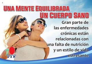Gran parte de
Gran parte de
las enfermedades
las enfermedades
crónicas están
crónicas están
relacionadas con
relacionadas con
una falta de nutrición
una falta de nutrición
y un estilo de vida
y un estilo de vida
estresante
estresante
Gran parte de
las enfermedades
crónicas están
relacionadas con
una falta de nutrición
y un estilo de vida
estresante
Una Mente Equilibrada
Una Mente Equilibrada
Una Mente Equilibrada
Un Cuerpo Sano
Un Cuerpo Sano
Un Cuerpo Sano
Una Mente Equilibrada
Una Mente Equilibrada
Una Mente Equilibrada
Un Cuerpo Sano
Un Cuerpo Sano
Un Cuerpo Sano
2
 