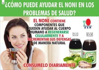 ¿CÓMO PUEDE AYUDAR EL NONI EN LOS
PROBLEMAS DE SALUD?
EL NONI CONTIENE
EL NONI CONTIENE
COMPONENTES QUE
COMPONENTES QUE
PUEDEN AYUDAR AL CUERPO
PUEDEN AYUDAR AL CUERPO
HUMANO A
HUMANO A REGENERARSE
REGENERARSE
CELULARMENTE
CELULARMENTE Y A
Y A
INCREMENTAR SUS DEFENSAS
INCREMENTAR SUS DEFENSAS
DE MANERA NATURAL
DE MANERA NATURAL
EL NONI CONTIENE
COMPONENTES QUE
PUEDEN AYUDAR AL CUERPO
HUMANO A REGENERARSE
CELULARMENTE Y A
INCREMENTAR SUS DEFENSAS
DE MANERA NATURAL
CONSUMELO DIARIAMENTE
CONSUMELO DIARIAMENTE
CONSUMELO DIARIAMENTE
33
 
