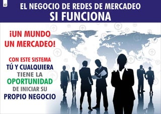 EL NEGOCIO DE REDES DE MERCADEO
SI FUNCIONA
¡UN MUNDO
UN MERCADEO!
CON ESTE SISTEMA
TÚ Y CUALQUIERA
TIENE LA
OPORTUNIDAD
DE INICIAR SU
PROPIO NEGOCIO
43
 
