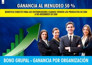 BONO GRUPAL - GANANCIA POR ORGANIZACIÓN
GANANCIA AL MENUDEO 50 %
BENEFICIO DIRECTO PARA LOS DISTRIBUIDORES CUANDO VENDEN LOS PRODUCTOS DE DXN
A NO-MIEMBROS DE DXN
52
 