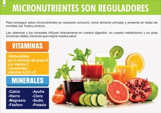 MICRONUTRIENTES SON REGULADORES
Las vitaminas y los minerales inﬂuyen directamente en nuestra digestión, en nuestro metabolismo y en otras
funciones vitales, haciendo que mejore nuestra salud.
Para conseguir estos micronutrientes es necesario consumir, como alimento principal y presente en todas las
comidas, las frutas y verdura.
-Hidrosolubles:
son 8 vitaminas del grupo B
y la vitamina C
-Liposolubles:
vitaminas A,D,K o E
VITAMINAS
MINERALES
-Calcio
-Hierro
-Magnesio
-Fósforo
-Azufre
-Cloro
-Sodio
-Potasio
6
 
