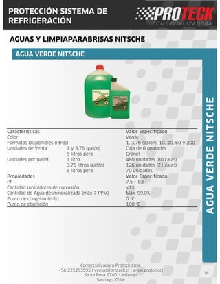 Comercializadora Proteck Ltda.
+56 225253595 | ventas@proteck.cl | www.proteck.cl
Santa Rosa 6740, La Granja
Santiago, Chile
PROTECCIÓN SISTEMA DE
REFRIGERACIÓN
AGUAS Y LIMPIAPARABRISAS NITSCHE
36
Características Valor Especificado
Color Verde
Formatos Disponibles (litros) 1, 3,76 (galón), 10, 20, 60 y 200
Unidades de Venta 1 y 3,76 (galón) Caja de 6 unidades
5 litros pera Granel
Unidades por pallet 1 litro 480 unidades (80 cajas)
3,76 litros (galón) 126 unidades (21 cajas)
5 litros pera 70 unidades
Propiedades Valor Especificado
Ph 7,5 – 8,5
Cantidad inhibidores de corrosión ≤1%
Cantidad de Agua desmineralizada (máx 7 PPM) Máx. 99,0%
Punto de congelamiento 0 °C
Punto de ebullición 100 °C
AGUA VERDE NITSCHE
AGUAVERDENITSCHE
 
