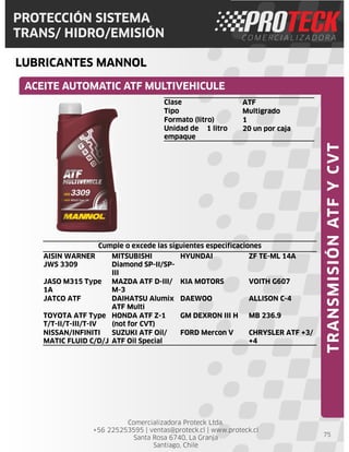 Comercializadora Proteck Ltda.
+56 225253595 | ventas@proteck.cl | www.proteck.cl
Santa Rosa 6740, La Granja
Santiago, Chile
PROTECCIÓN SISTEMA
TRANS/ HIDRO/EMISIÓN
LUBRICANTES MANNOL
75
ACEITE AUTOMATIC ATF MULTIVEHICULE
TRANSMISIÓNATFYCVT
Clase ATF
Tipo Multigrado
Formato (litro) 1
Unidad de
empaque
1 litro 20 un por caja
Cumple o excede las siguientes especificaciones
AISIN WARNER
JWS 3309
MITSUBISHI
Diamond SP-II/SP-
III
HYUNDAI ZF TE-ML 14A
JASO M315 Type
1A
MAZDA ATF D-III/
M-3
KIA MOTORS VOITH G607
JATCO ATF DAIHATSU Alumix
ATF Multi
DAEWOO ALLISON C-4
TOYOTA ATF Type
T/T-II/T-III/T-IV
HONDA ATF Z-1
(not for CVT)
GM DEXRON III H MB 236.9
NISSAN/INFINITI
MATIC FLUID C/D/J
SUZUKI ATF Oil/
ATF Oil Special
FORD Mercon V CHRYSLER ATF +3/
+4
 