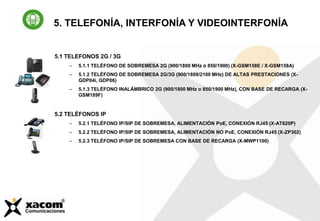 5.1 TELEFONOS 2G / 3G
– 5.1.1 TELÉFONO DE SOBREMESA 2G (900/1800 MHz ó 850/1900) (X-GSM158E / X-GSM158A)
– 5.1.2 TELÉFONO DE SOBREMESA 2G/3G (900/1800/2100 MHz) DE ALTAS PRESTACIONES (X-
GDP04i, GDP06)
– 5.1.3 TELÉFONO INALÁMBRICO 2G (900/1800 MHz o 850/1900 MHz), CON BASE DE RECARGA (X-
GSM189F)
5.2 TELÉFONOS IP
– 5.2.1 TELÉFONO IP/SIP DE SOBREMESA, ALIMENTACIÓN PoE, CONEXIÓN RJ45 (X-AT620P)
– 5.2.2 TELÉFONO IP/SIP DE SOBREMESA, ALIMENTACIÓN NO PoE, CONEXIÓN RJ45 (X-ZP302)
– 5.2.3 TELÉFONO IP/SIP DE SOBREMESA CON BASE DE RECARGA (X-MWP1100)
5. TELEFONÍA, INTERFONÍA Y VIDEOINTERFONÍA
 