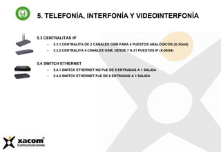 5.3 CENTRALITAS IP
– 5.3.1 CENTRALITA DE 2 CANALES GSM PARA 4 PUESTOS ANALÓGICOS (X-2G4A)
– 5.3.2 CENTRALITA 4 CANALES GSM, DESDE 7 A 21 PUESTOS IP (X-50G4)
5.4 SWITCH ETHERNET
– 5.4.1 SWITCH ETHERNET NO PoE DE 8 ENTRADAS A 1 SALIDA
– 5.4.2 SWITCH ETHERNET PoE DE 8 ENTRADAS A 1 SALIDA
5. TELEFONÍA, INTERFONÍA Y VIDEOINTERFONÍA
 