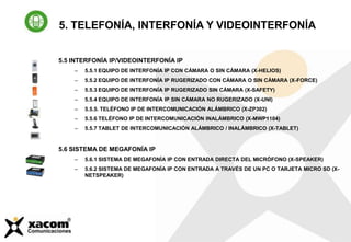 5. TELEFONÍA, INTERFONÍA Y VIDEOINTERFONÍA
5.5 INTERFONÍA IP/VIDEOINTERFONÍA IP
– 5.5.1 EQUIPO DE INTERFONÍA IP CON CÁMARA O SIN CÁMARA (X-HELIOS)
– 5.5.2 EQUIPO DE INTERFONÍA IP RUGERIZADO CON CÁMARA O SIN CÁMARA (X-FORCE)
– 5.5.3 EQUIPO DE INTERFONÍA IP RUGERIZADO SIN CÁMARA (X-SAFETY)
– 5.5.4 EQUIPO DE INTERFONÍA IP SIN CÁMARA NO RUGERIZADO (X-UNI)
– 5.5.5. TELÉFONO IP DE INTERCOMUNICACIÓN ALÁMBRICO (X-ZP302)
– 5.5.6 TELÉFONO IP DE INTERCOMUNICACIÓN INALÁMBRICO (X-MWP1104)
– 5.5.7 TABLET DE INTERCOMUNICACIÓN ALÁMBRICO / INALÁMBRICO (X-TABLET)
5.6 SISTEMA DE MEGAFONÍA IP
– 5.6.1 SISTEMA DE MEGAFONÍA IP CON ENTRADA DIRECTA DEL MICRÓFONO (X-SPEAKER)
– 5.6.2 SISTEMA DE MEGAFONÍA IP CON ENTRADA A TRAVÉS DE UN PC O TARJETA MICRO SD (X-
NETSPEAKER)
 