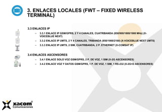 3.3 ENLACES IP
– 3.3.1 ENLACE IP GSM/GPRS, 2 Y 4 CANALES, CUATRIBANDA (850/900/1800/1900 MHz) (X-
VOICEBLUE NEXT)
– 3.3.2 ENLACE IP UMTS, 2 Y 4 CANALES, TRIBANDA (850/1900/2100) (X-VOICEBLUE NEXT UMTS)
– 3.3.3 ENLACE IP UMTS, 2 SIM, CUATRIBANDA, 2 P. ETHERNET (X-COMSAT IP)
3.4 ENLACES ASCENSORES
– 3.4.1 ENLACE SOLO VOZ GSM/GPRS, 2 P. DE VOZ, 1 SIM (X-2G ASCENSORES)
– 3.4.2 ENLACE VOZ Y DATOS GSM/GPRS, 1 P. DE VOZ, 1 SIM, 1 RS-232 (X-2G+D ASCENSORES)
3. ENLACES LOCALES (FWT – FIXED WIRELESS
TERMINAL)
 