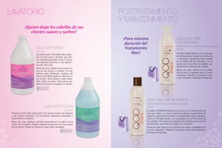 LAVATORIO                                                              POSTRATAMIENTO
                                                                       Y MANTENIMIENTO
             ¿Quiere dejar los cabellos de sus
                clientes suaves y sueltos?
                                                                           ¡Para máxima                                 QOD MAX HAIR
                                                                            duración del                                CONDITIONER
                                                                                                                        Mantenimiento para Max Reconstructor
                         QOD SOFT MASK                                      Tratamiento                                 250ml
                         5000ml
                         Acondicionador Soft Mask tiene silico-
                                                                               Max!                                     El DAILY MASK MAX es una máscara
                         nas de bajo peso y lanolina que ofre-                                                          acondicionadora hecha con siliconas
                         cen excelente peinado al hilo y forman                                                         y vitaminas específicas para auxiliar
                         una película protectora a las agresio-                                                         en el sellado de las cutículas y en la
                         nes del día a día.                                                                             protección de la fibra del cabello, ga-
                                                                                                                        rantizando la restauración capilar.
                         Modo de usar: Aplique el producto en
                         una de las manos y actívelo con las                                                            Modo de usar: Aplicar en la palma
                         palmas para distribuirlo. Aplique del                              Pe                          de la mano y masajear todo el cuero
                                                                                           Ah dir                       cabelludo. Repetir la operación para
                         medio de la fibra capilar en dirección a                            ora
                         las puntas. Para obtener mejor resul-                                                          mejor resultado. Enjuague enseguida.
                         tado utilice un peine. Deje actuar por
                         algunos minutos y enjuague el cabello.
                            SOLAMENTE PARA
                             PROFESIONALES




                                                                                       QOD MAX HAIR SHAMPOO
                                                                                       Mantenimiento para Max Reconstructor
                                   QOD SOFT CLEAN                                      250ml
                                                        5000ml                         EL DAILY SHAMPOO MAX se lo produce con vitaminas sin sal
 Shampoo Soft Clean está hecho con activos suaves de limpieza                          para uso diario, su acción retira los residuos suavemente sin
 y alto poder hidratante. Su formulación garantiza sedosidad y                         agresión, restaurando el brillo y la maleabilidad de los cabellos.
 desenreda los cabellos.                                                               Tiene un PH balanceado y es compatible con el PH natural de
 Modo de usar: Aplique cantidad generosa en la palma de la                             los cabellos. Promueve una espuma abundante que es rica en
                                                                        Pe             aminoácidos que tratan el cabello por completo.
 mano. En el cabello mojado masajee el producto con las puntas         Ah dir
                                                                         ora
 de los dedos. Repita la operación para mejor resultado.                               Modo de usar: Aplicar en la palma de la mano y masajear todo
                                                      SOLAMENTE PARA                   el cuero cabelludo. Repetir la operación para mejor resultado.
                                                       PROFESIONALES
                                                                                       Enjuague enseguida.
 