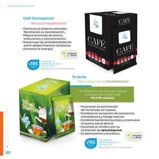 22
La belleza a tu alcance...
»CUERPOENEQUILIBRIO
Café Termogénico
“Activa el metabolismo”
• Estimula al sistema nervioso,
facilitando la coordinación.
• Mejora el estado de ánimo,
motivación y concentración.
• Disminuye las probabilidades de
sufrir padecimientos cardíacos.
• Aumenta la energía.
• Favorecen la asimilación
de minerales en huesos.
• Combate la sensación de cansancio,
somnolencia y fatiga mental.
• Combate bacterias bucales y promueve
la buena salud dental.
• Favorece el cerebro por su
contenido de epicatequina.
• Es estimulante y diurético.
“Alto contenido en POLIFENOLES”
Té Verde
Te ofrecemos un té joven, que es
considerado como el de
MEJOR calidad.
*Este producto no es un medicamento.
Contiene 15
sobres de 10 g c/u.
Clave S335
$195MXN
*Este producto no es un medicamento.
Contiene 15
sobres de 10 g c/u.
Clave S339
$195MXN
 