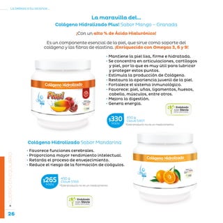 26
La belleza a tu alcance...
»CUERPOENEQUILIBRIO
• Favorece funciones cerebrales.
• Proporciona mayor rendimiento intelectual.
• Retarda el proceso de envejecimiento.
• Reduce el riesgo de la formación de coágulos.
Colágeno Hidrolizado Sabor Mandarina
*Este producto no es un medicamento.
450 g
Clave S193$265MXN
*Este producto no es un medicamento.
450 g
Clave S401$330MXN
• Mantiene la piel lisa, firme e hidratada.
• Se concentra en articulaciones, cartílagos
y piel, por lo que es muy útil para lubricar
y proteger estos puntos.
• Estimula la producción de Colágeno.
• Restaura la apariencia juvenil de la piel.
• Fortalece el sistema inmunológico.
• Favorece: piel, uñas, ligamentos, huesos,
cabello, músculos, entre otros.
• Mejora la digestión.
• Genera energía.
¡Con un alto % de Ácido Hialurónico!
Es un componente esencial de la piel, que sirve como soporte del
colágeno y las fibras de elastina. ¡Enriquecido con Omegas 3, 6 y 9!
La maravilla del...
Colágeno Hidrolizado Plus! Sabor Mango – Granada
 